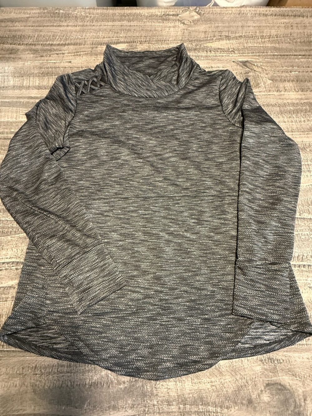 Maurices Black/Heather Gray Active Mock Neck Top with finger whole and pockets